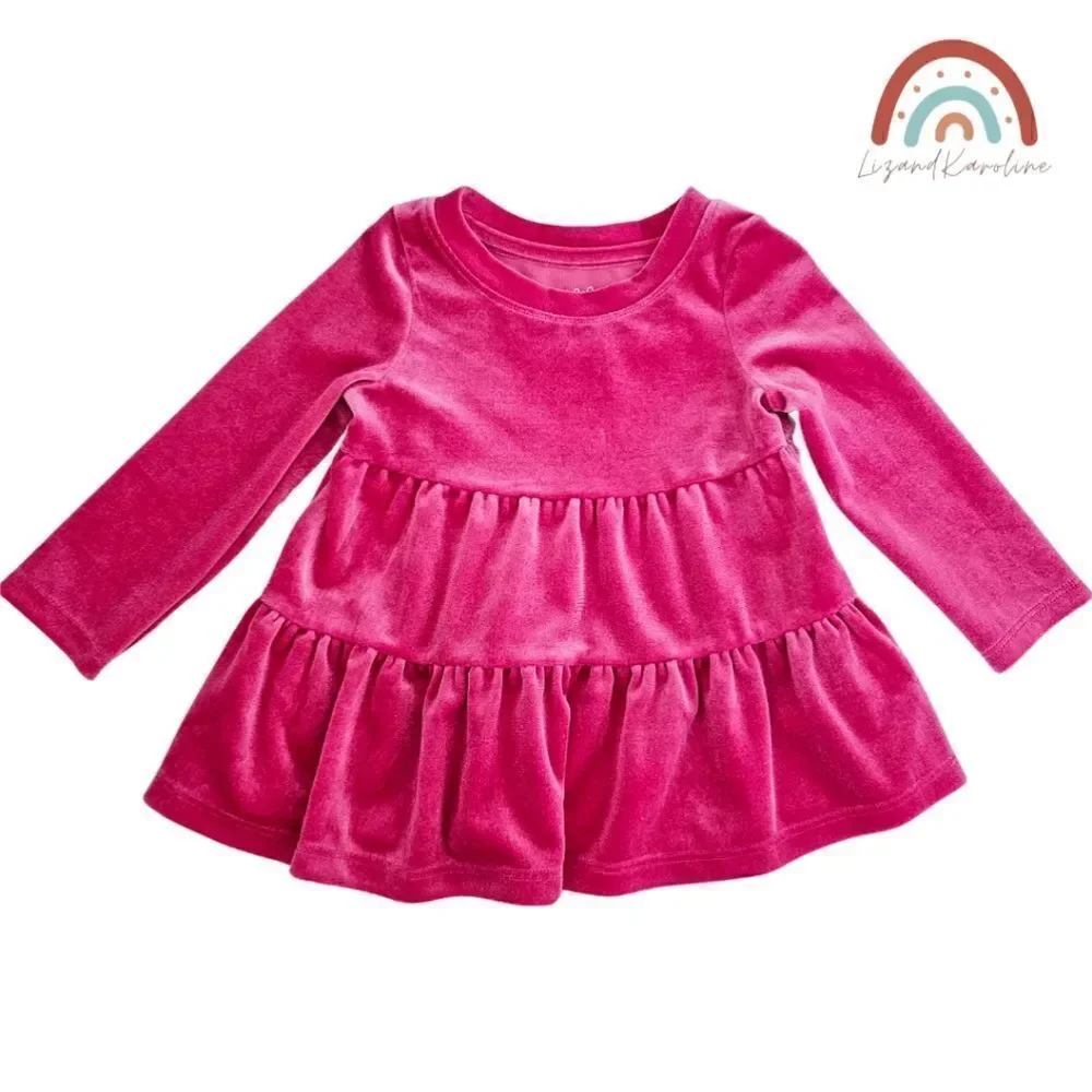 New! Cat & Eye Barbie Pink Velour Velvet Tiered Long Sleeve Baby Girl Dress 12M